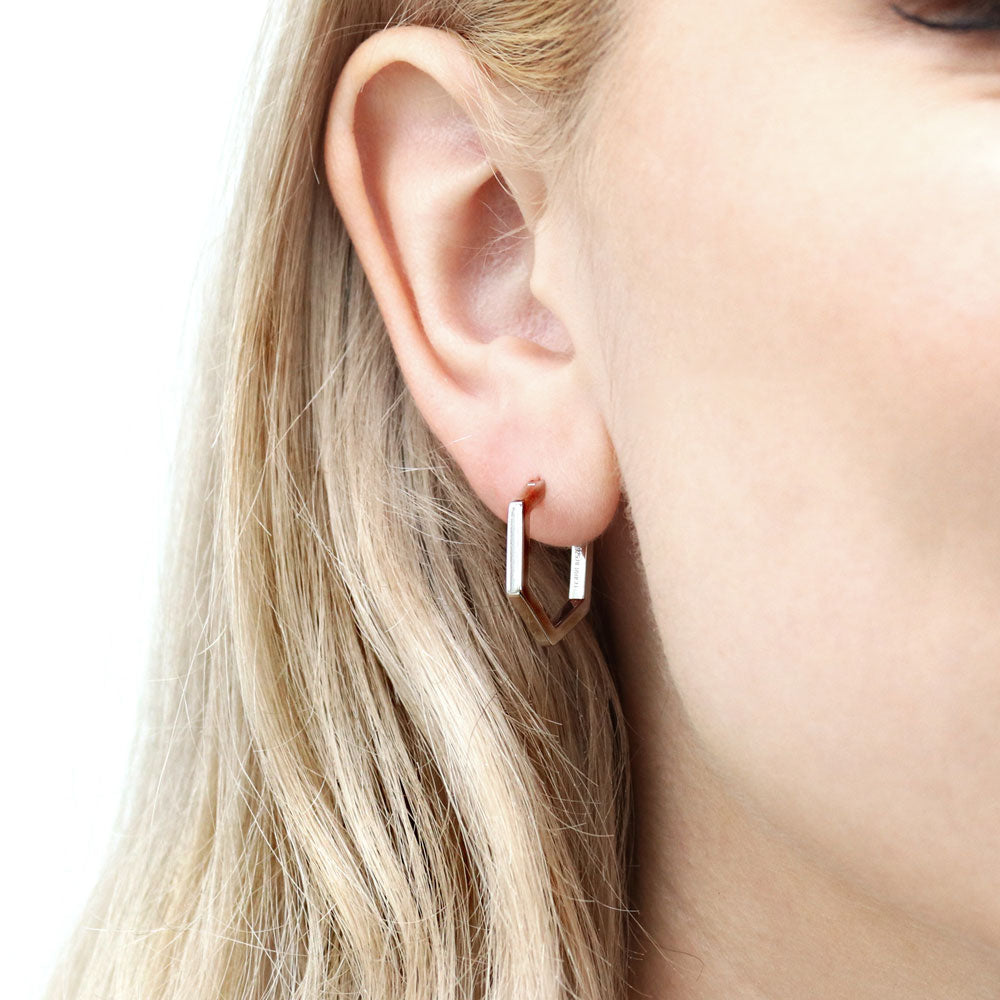 Hexagon Medium Hoop Earrings in Sterling Silver 0.79"