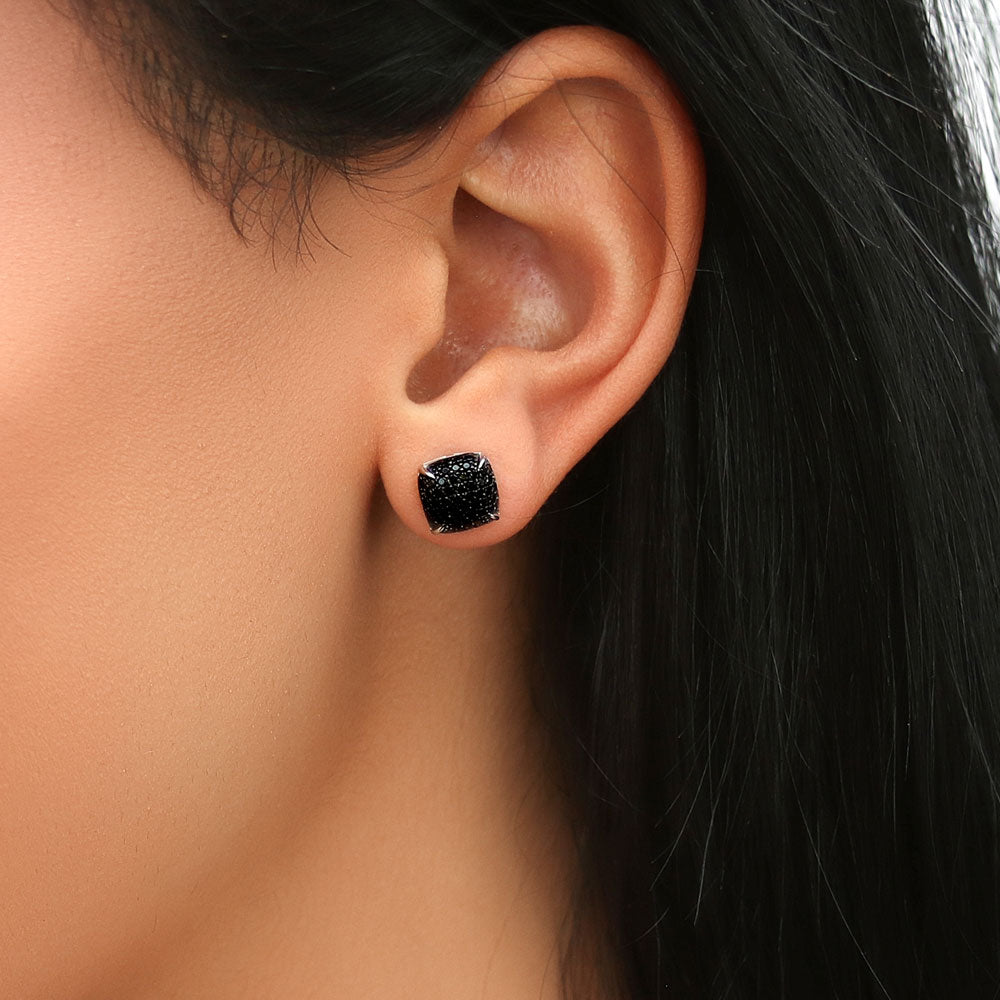 Model wearing Square CZ Stud Earrings in Sterling Silver, Black Color