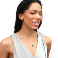 Model wearing Square CZ Stud Earrings in Sterling Silver, Green Color