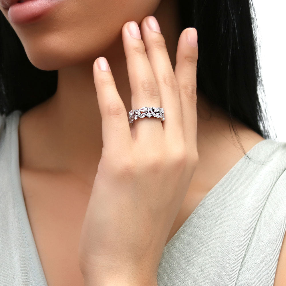 Model wearing Cluster Pear CZ Eternity Ring in Sterling Silver, 5 of 7