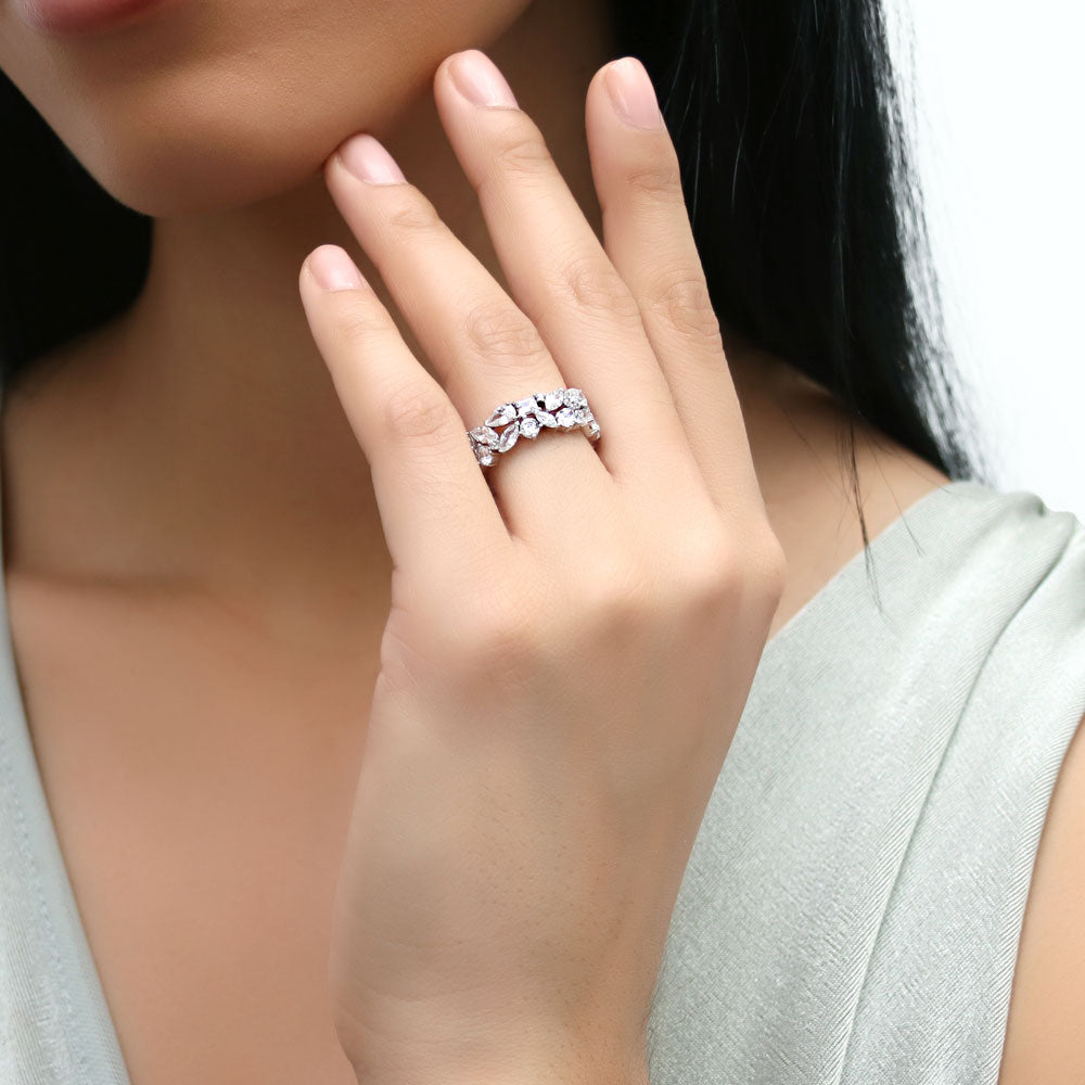 Model wearing Cluster Pear CZ Eternity Ring in Sterling Silver, 2 of 7