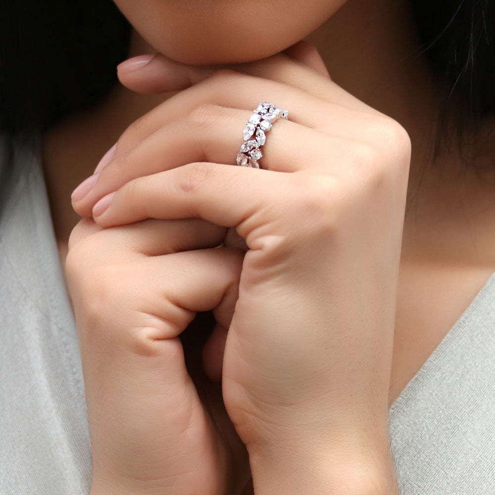 Model wearing Cluster Pear CZ Eternity Ring in Sterling Silver, 7 of 7