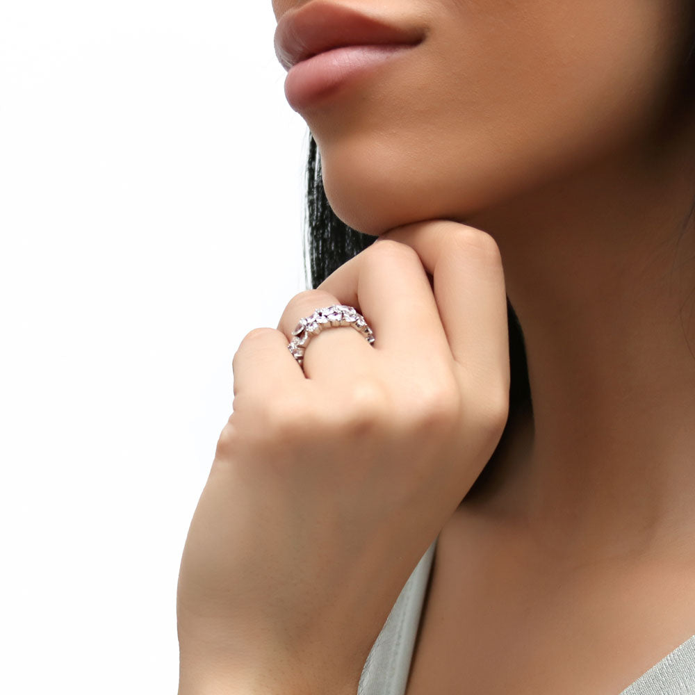 Model wearing Cluster Pear CZ Eternity Ring in Sterling Silver, 6 of 7