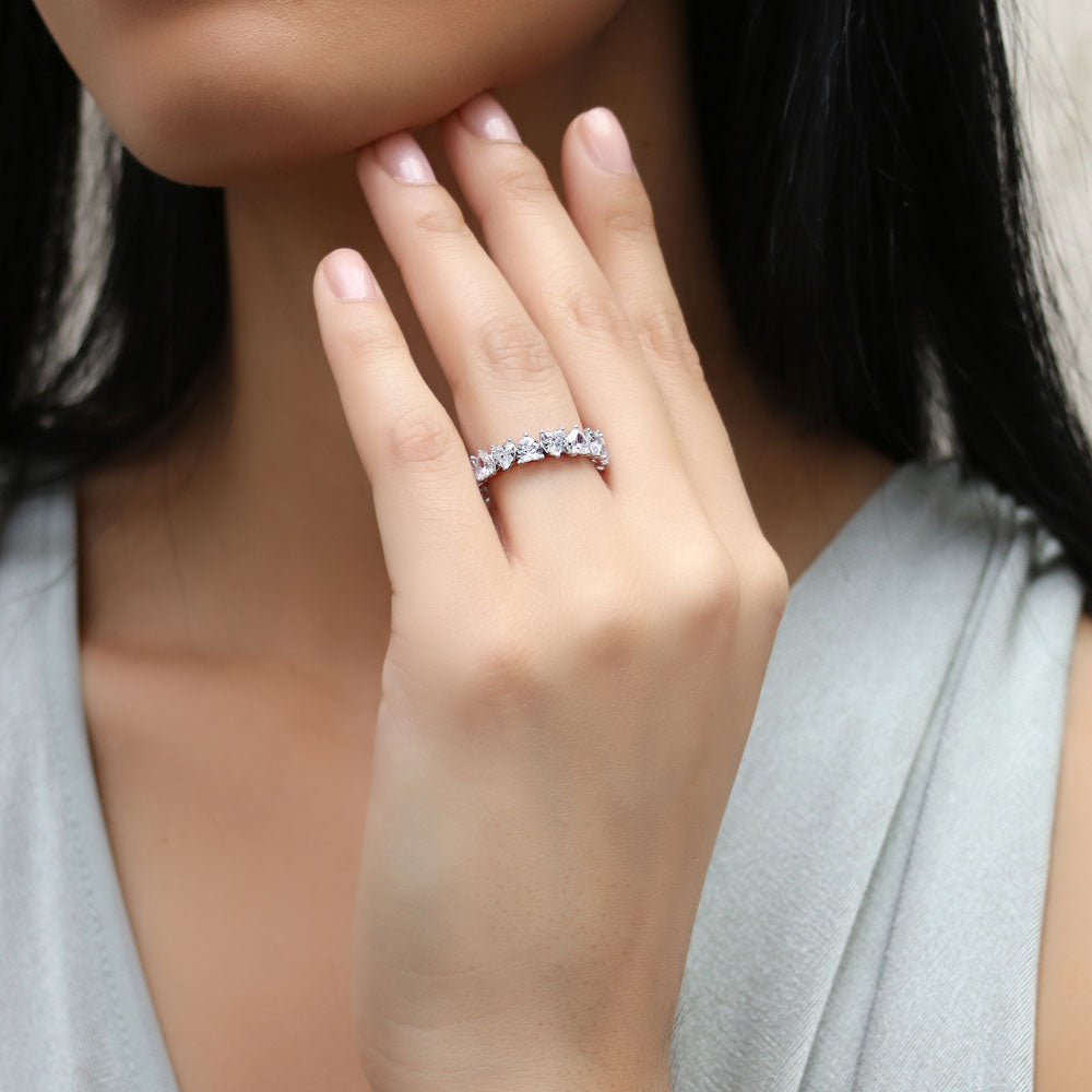 Model wearing Heart Heart CZ Eternity Ring in Sterling Silver, 2 of 8