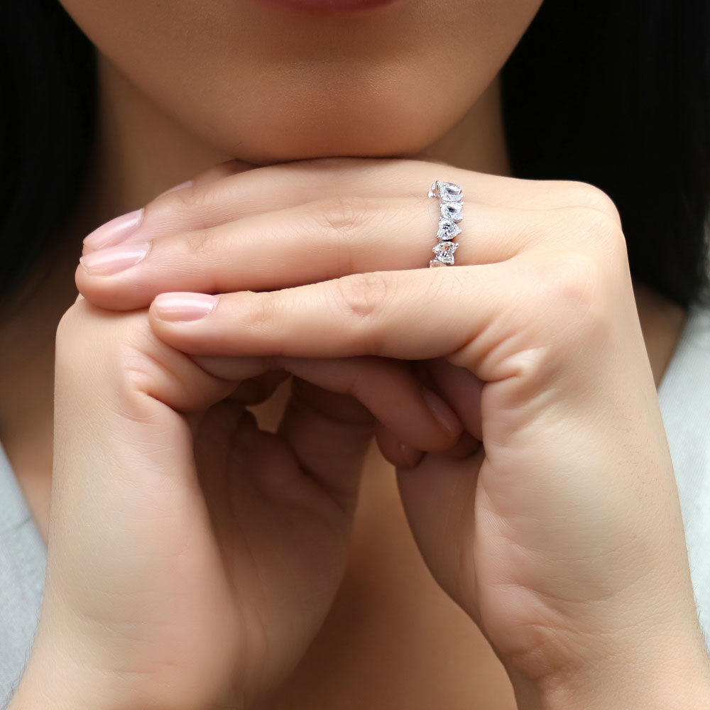 Model wearing Heart Heart CZ Eternity Ring in Sterling Silver, 7 of 8