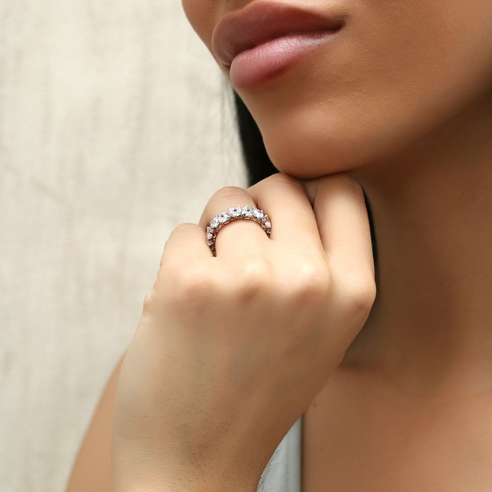 Model wearing Heart Heart CZ Eternity Ring in Sterling Silver, 6 of 8