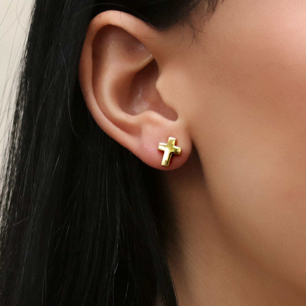 Model wearing Cross Stud Earrings in Gold Flashed Sterling Silver, 2 Pairs, 7 of 11
