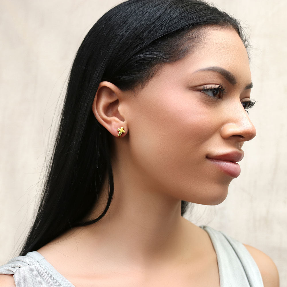 Model wearing Cross Stud Earrings in Gold Flashed Sterling Silver, 2 Pairs, 6 of 11