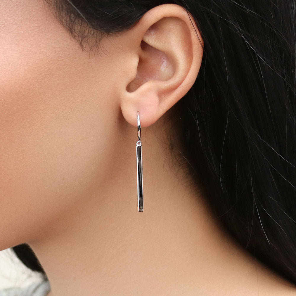 Model wearing Bar Fish Hook Earrings in Sterling Silver, 2 of 5