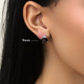 Model wearing Solitaire Black CZ Stud Earrings in Sterling Silver, 9mm