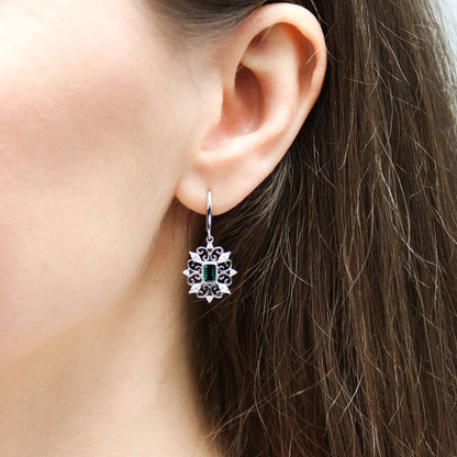 Art Deco Filigree Green CZ Fish Hook Earrings in Sterling Silver