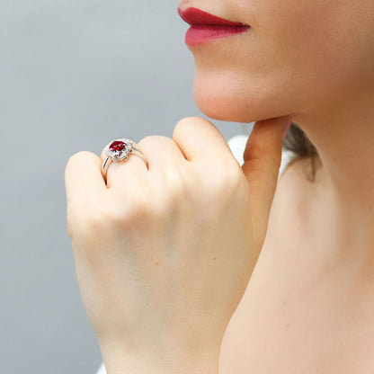Heart Flower Ruby-Red CZ Ring in Sterling Silver