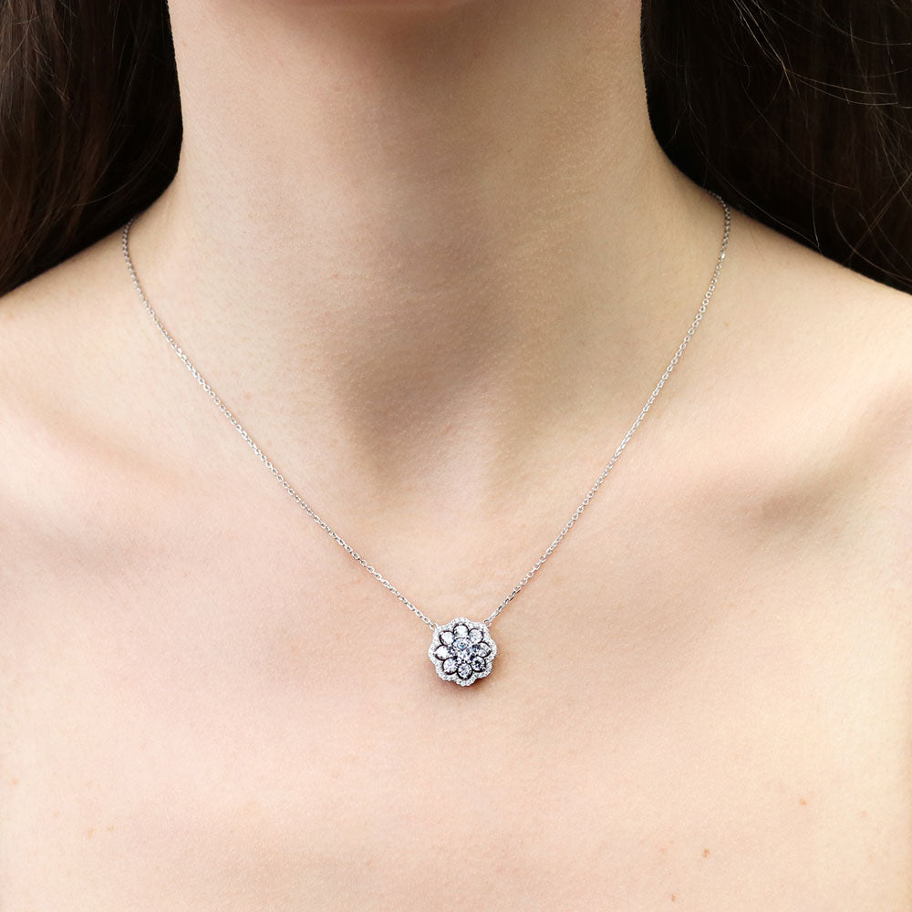Flower Halo CZ Necklace and Earrings in Sterling Silver
