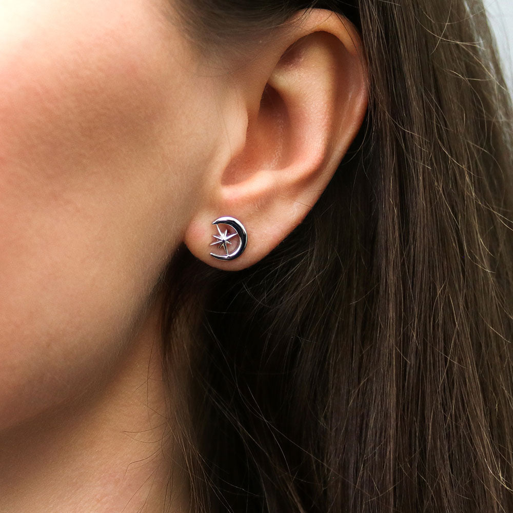 Model wearing Crescent Moon North Star Set in Sterling Silver, 6 of 14