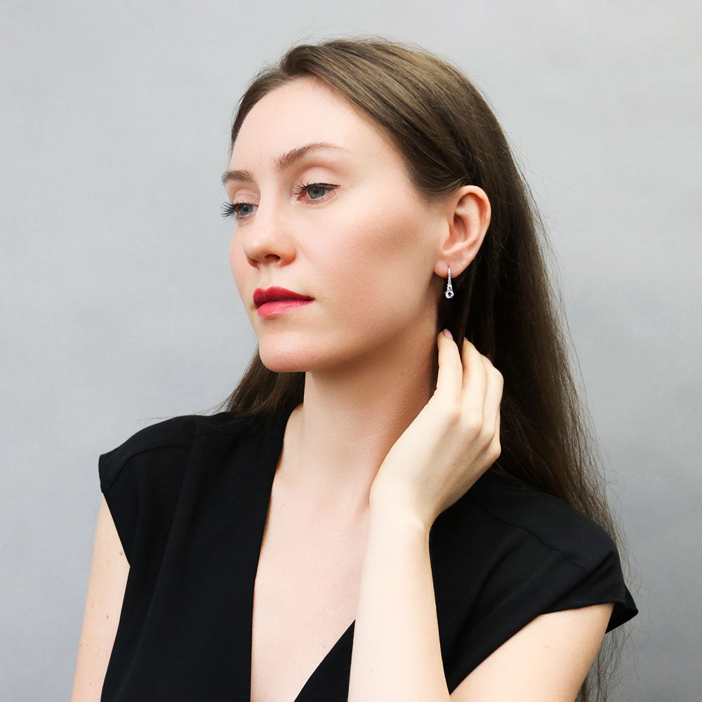 Model wearing CZ Leverback Earrings in Sterling Silver, 3 of 5