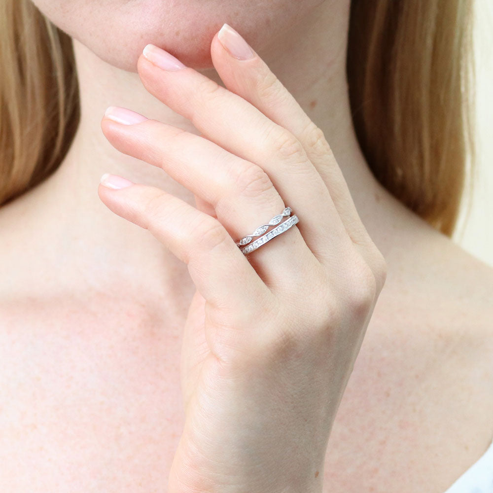 Model wearing Woven Pave CZ Eternity Ring Set in Sterling Silver, 5 of 9