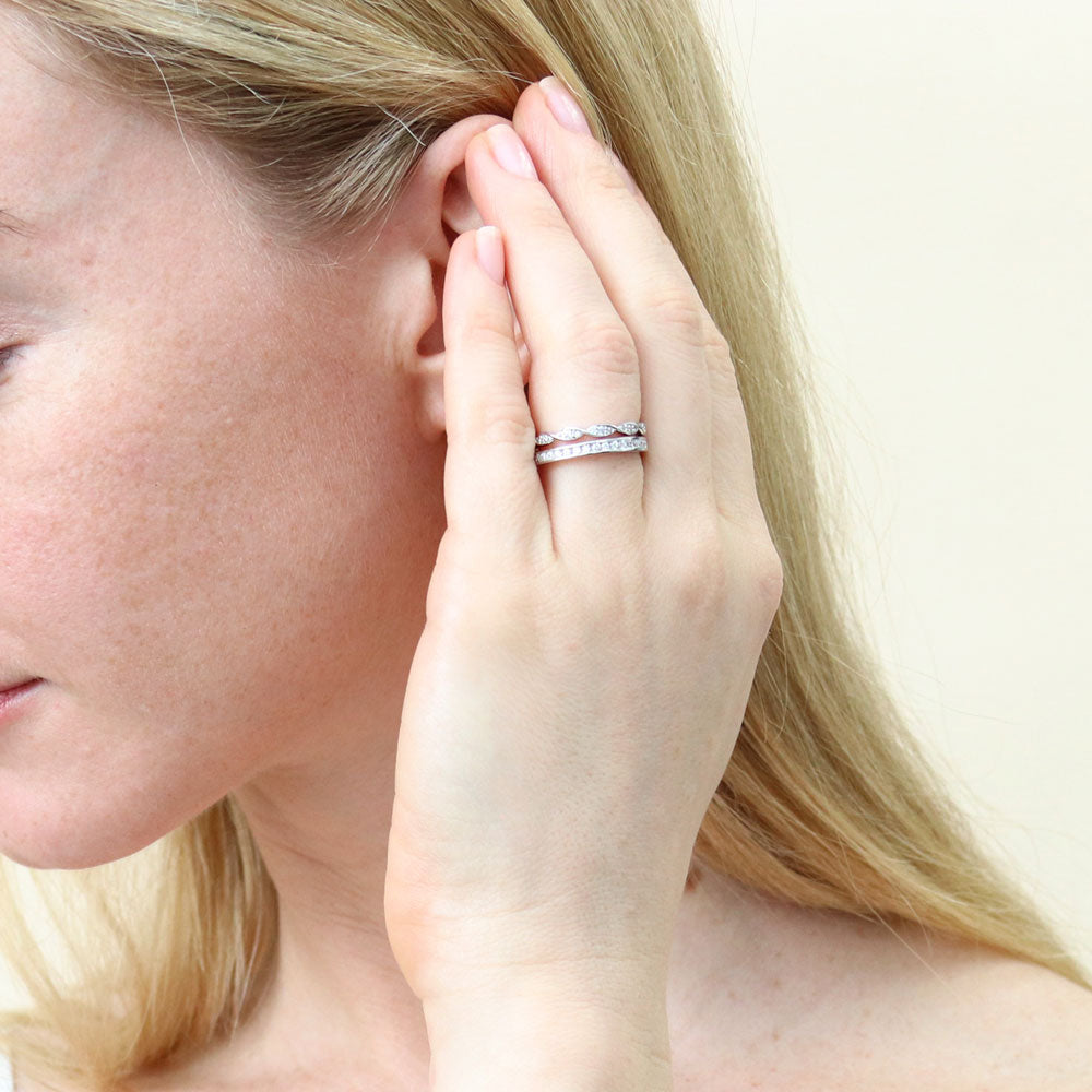 Model wearing Woven Pave CZ Eternity Ring Set in Sterling Silver, 6 of 9