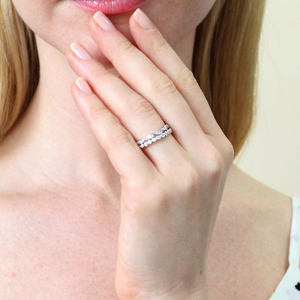 Model wearing Bubble Woven Pave CZ Eternity Ring Set in Sterling Silver, 5 of 13