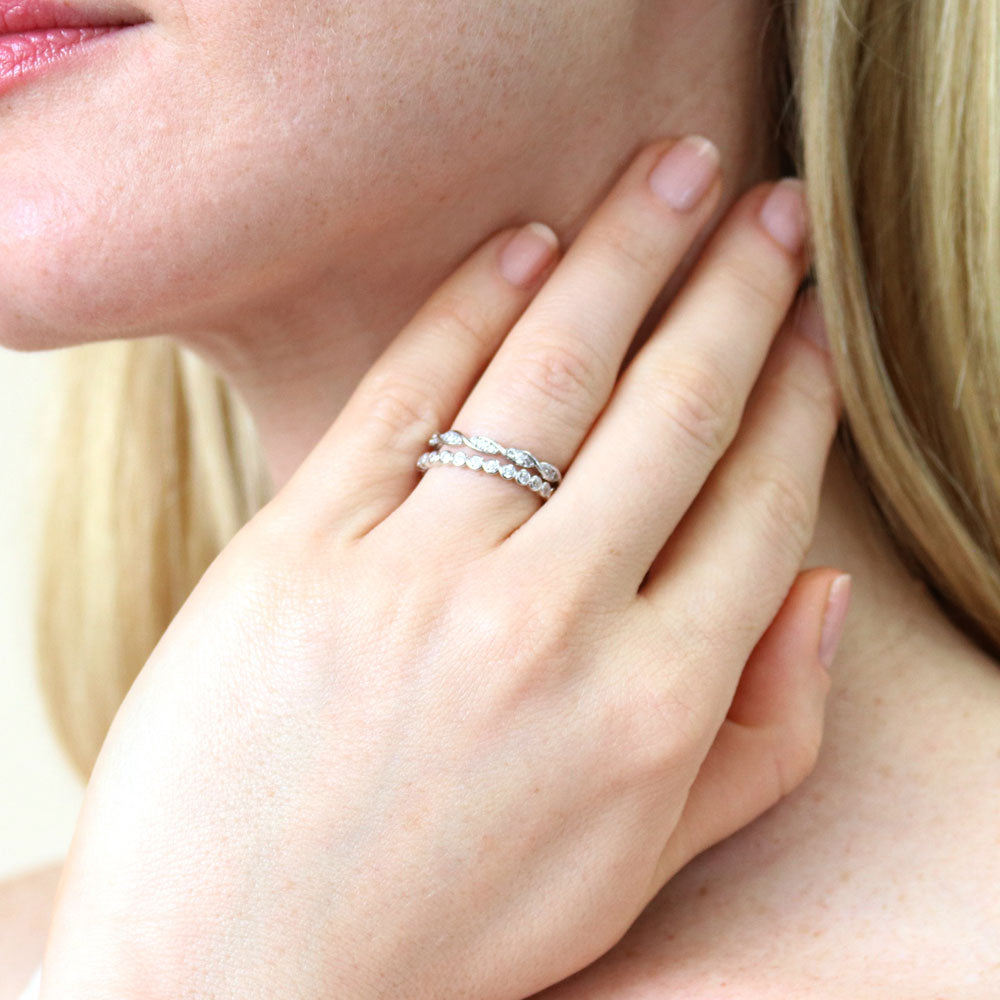 Model wearing Bubble Woven Pave CZ Eternity Ring Set in Sterling Silver, 2 of 13