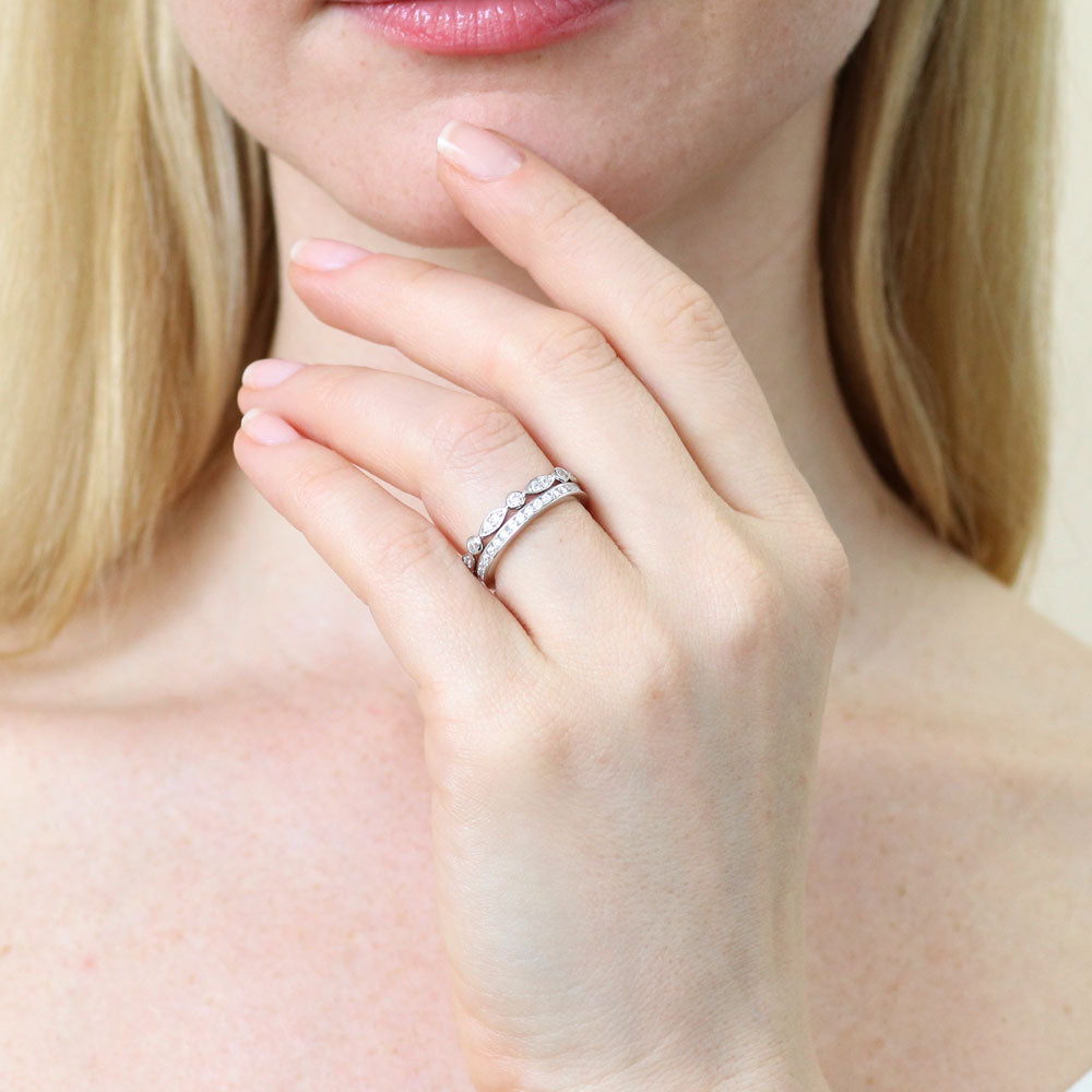 Model wearing Bubble Bezel CZ Eternity Ring Set in Sterling Silver, 2 of 6