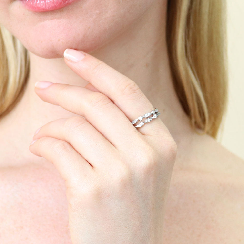 Model wearing Bubble Woven Bezel CZ Eternity Ring Set in Sterling Silver, 2 of 7