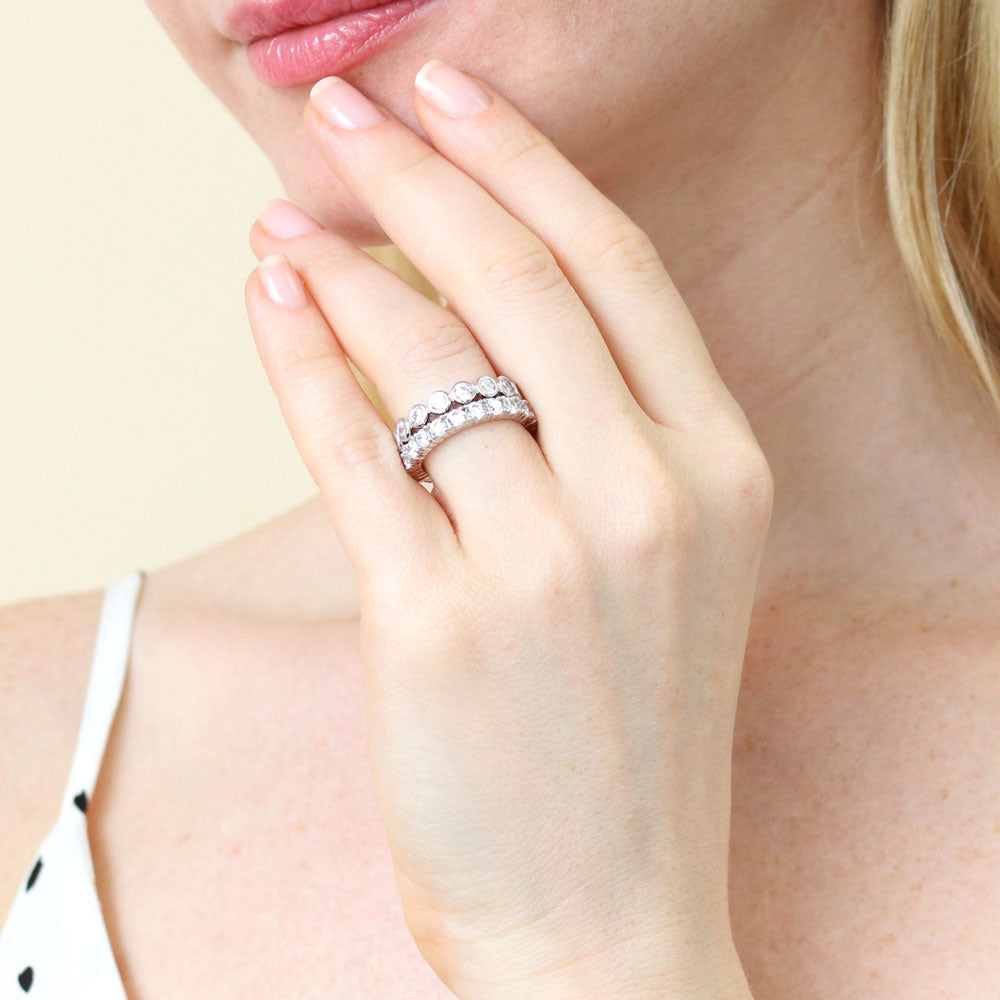 Model wearing Bubble Bezel CZ Eternity Ring Set in Sterling Silver, 2 of 12
