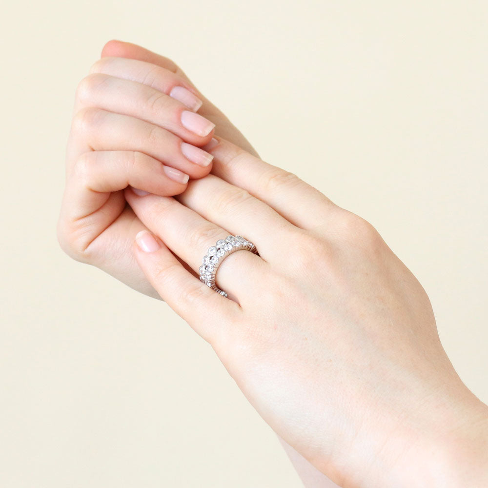 Model wearing Bubble Bezel CZ Eternity Ring Set in Sterling Silver, 5 of 12
