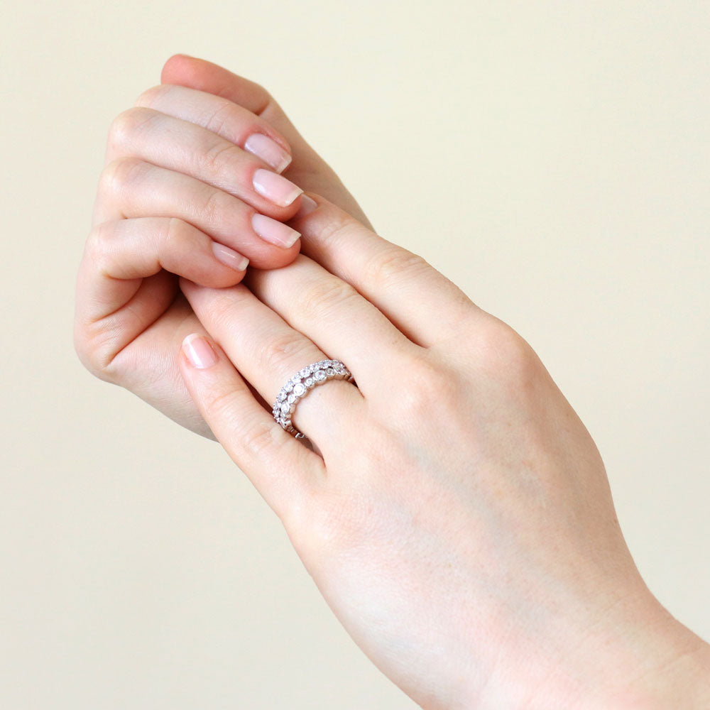 Model wearing Bubble Pave CZ Eternity Ring Set in Sterling Silver, 5 of 13