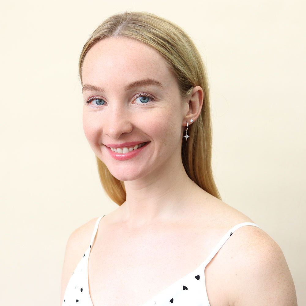 Model wearing Starburst CZ Earrings in Sterling Silver, 6 of 7