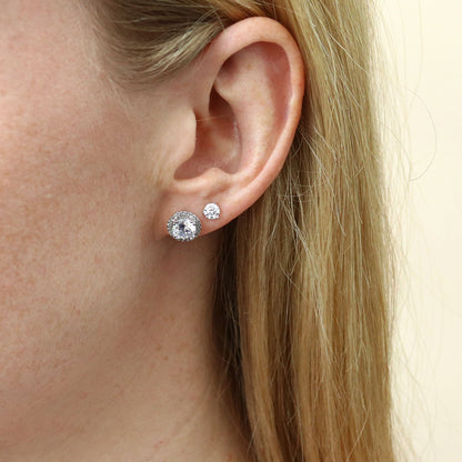 Model Wearing Halo Stud Earrings Style E1561-01, Solitaire Stud Earrings Style E1809-01