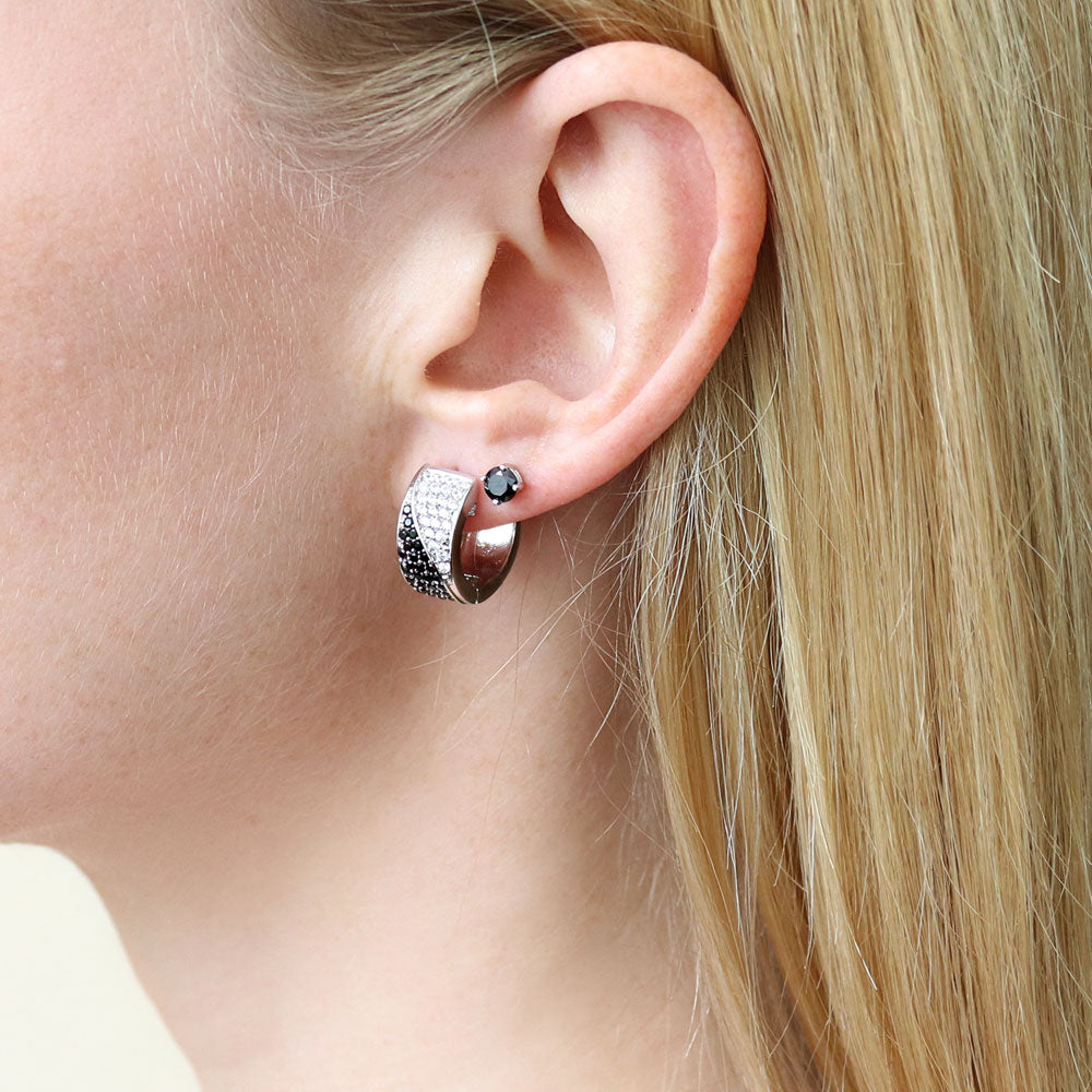 Model wearing Black and White CZ Small Huggie Earrings in Sterling Silver 0.58 inch, 6 of 7
