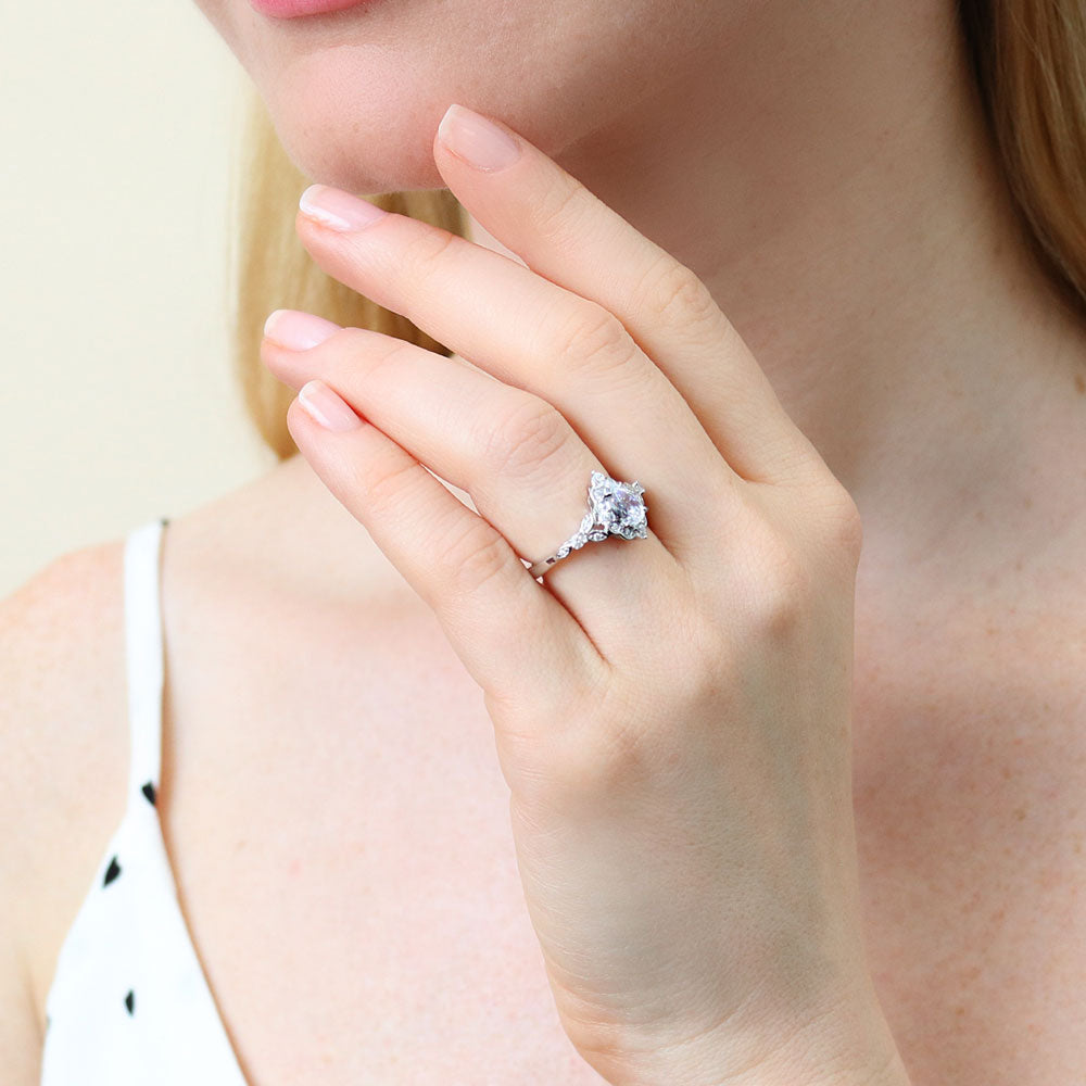 Halo Art Deco Chevron V Shaped CZ Ring Set in Sterling Silver