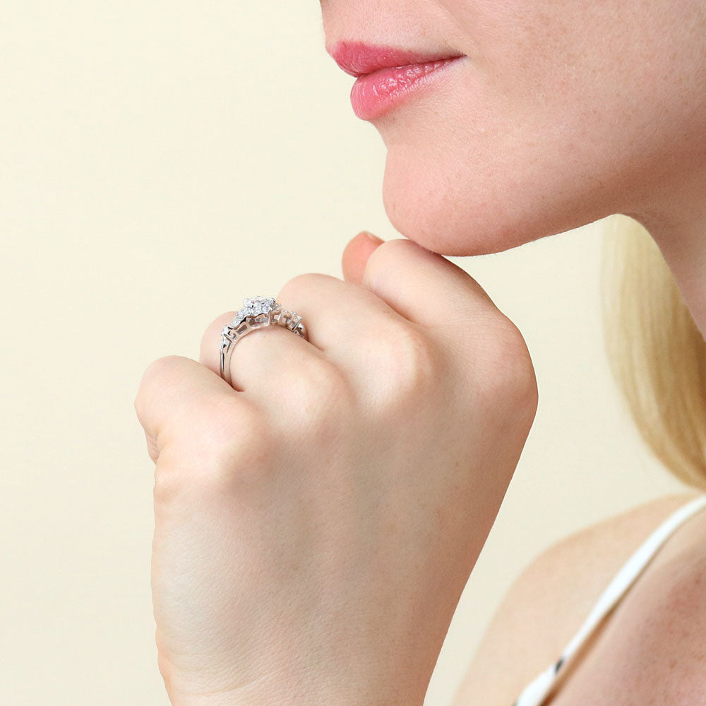 Model wearing Halo Art Deco Chevron V Shaped CZ Ring Set in Sterling Silver, 10 of 15