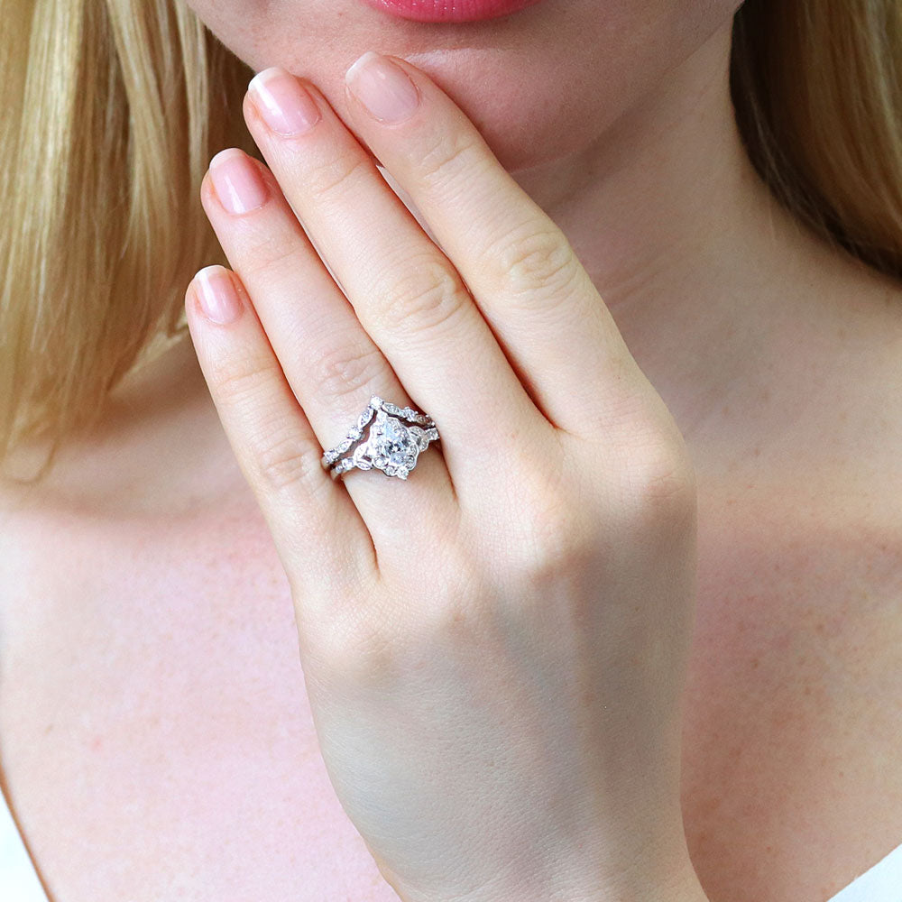 Halo Art Deco Chevron V Shaped CZ Ring Set in Sterling Silver