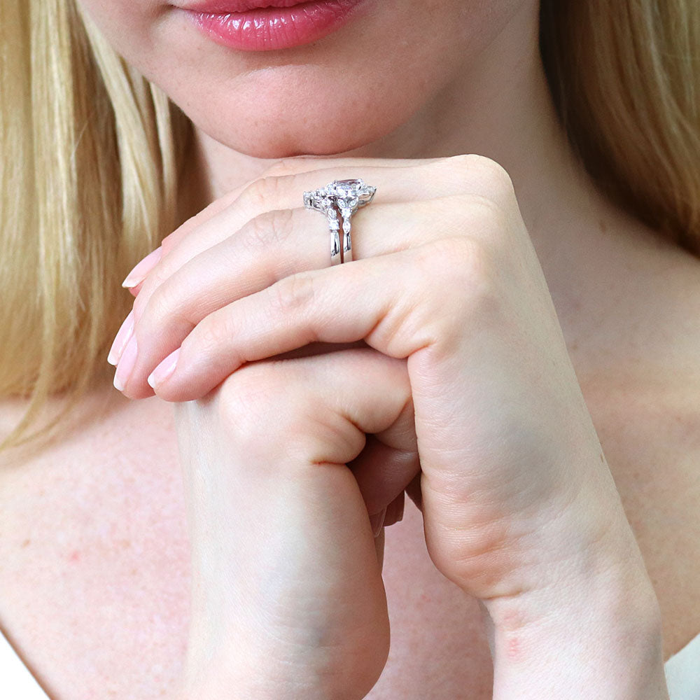 Halo Art Deco Chevron V Shaped CZ Ring Set in Sterling Silver