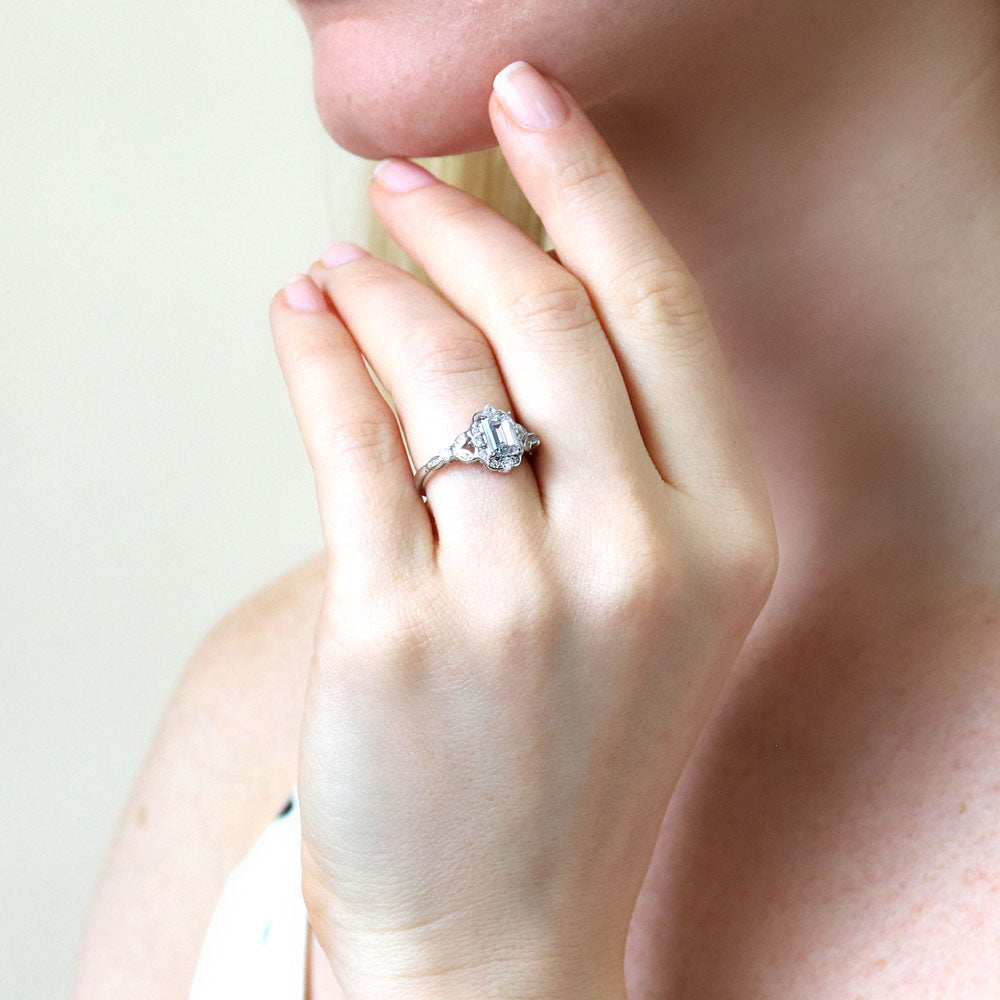 Model wearing Halo Art Deco Chevron V Shaped CZ Ring Set in Sterling Silver, 12 of 15