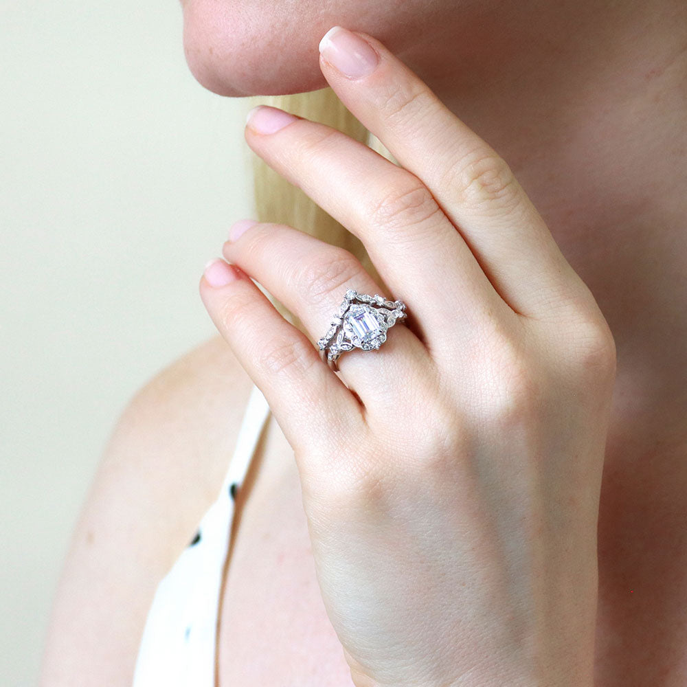 Model wearing Halo Art Deco Chevron V Shaped CZ Ring Set in Sterling Silver, 7 of 15
