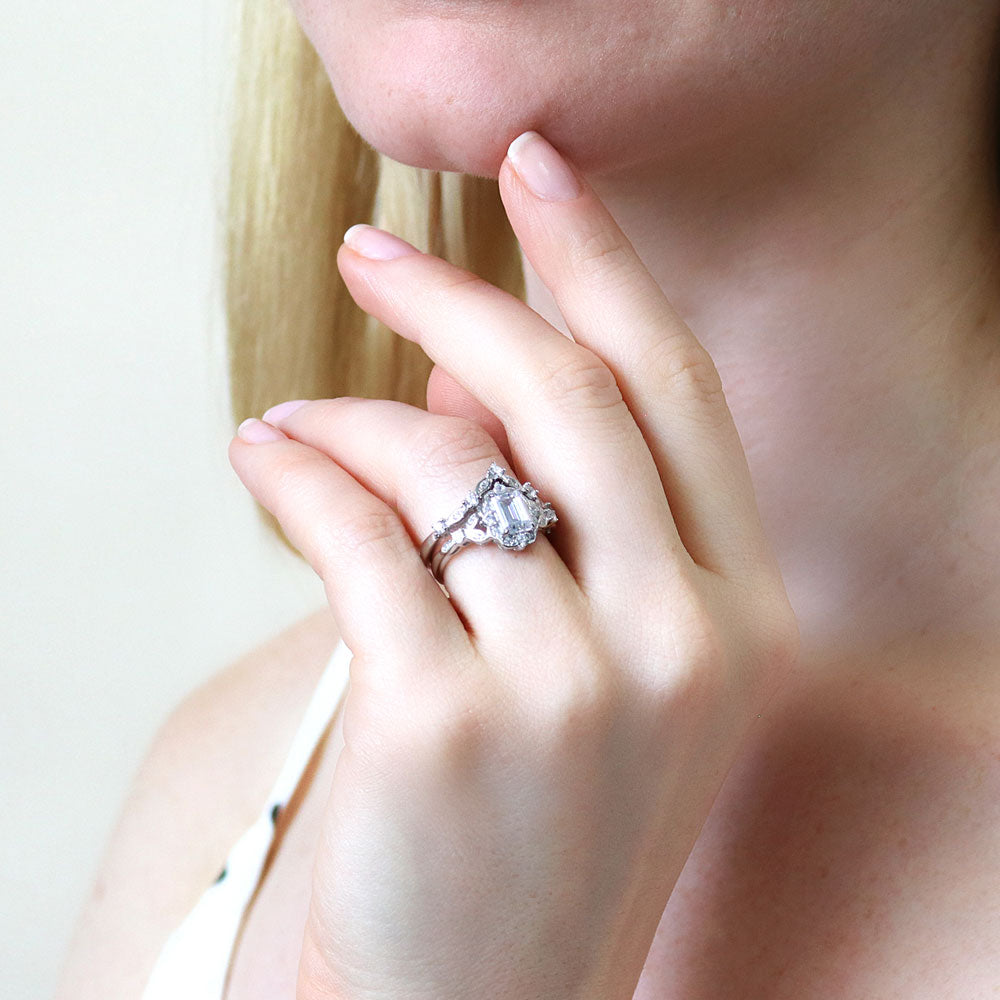 Halo Art Deco Chevron V Shaped CZ Ring Set in Sterling Silver