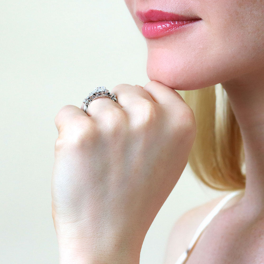 Model wearing Halo Art Deco Chevron V Shaped CZ Ring Set in Sterling Silver, 6 of 15
