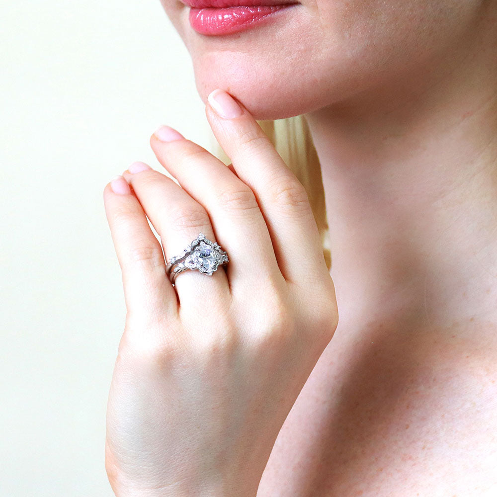 Halo Art Deco Chevron V Shaped CZ Ring Set in Sterling Silver