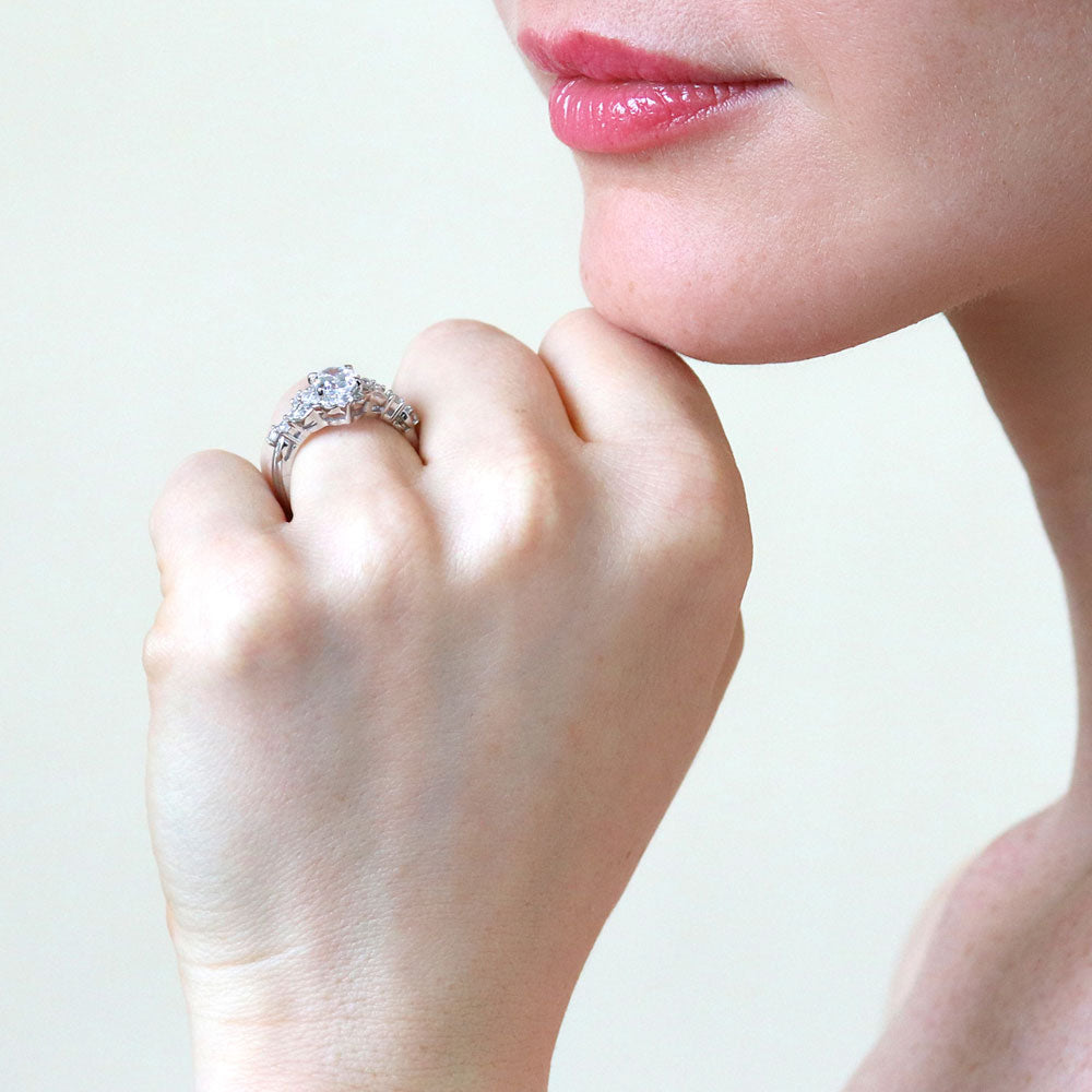 Model wearing Halo Art Deco Chevron V Shaped CZ Ring Set in Sterling Silver, 7 of 19