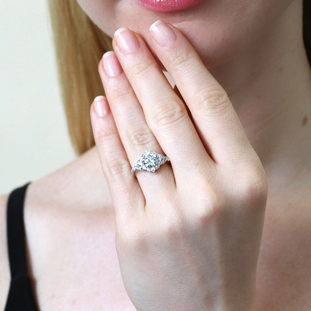 Halo Art Deco Chevron V Shaped CZ Ring Set in Sterling Silver