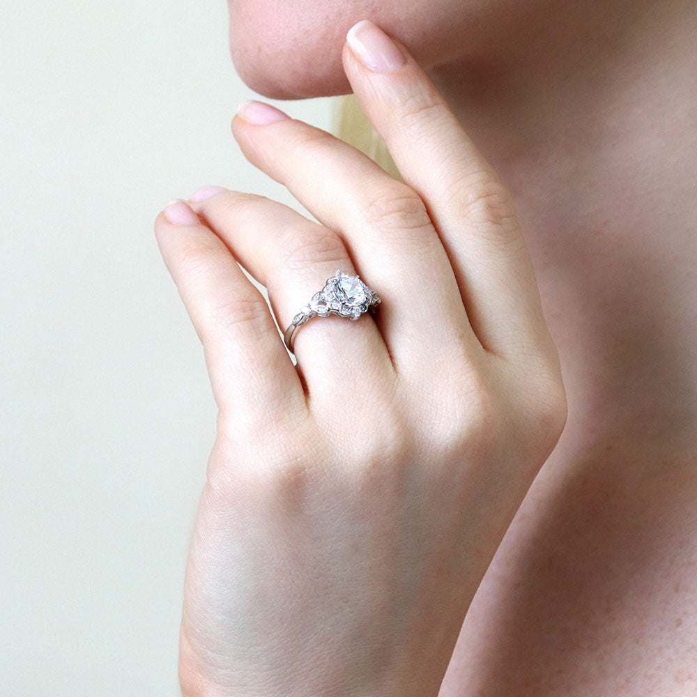 Model wearing Halo Art Deco Chevron V Shaped CZ Ring Set in Sterling Silver, 12 of 15