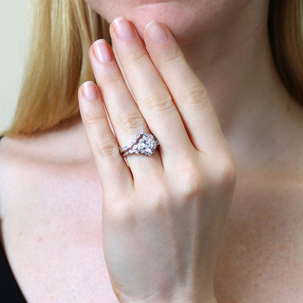 Model wearing Halo Art Deco Chevron V Shaped CZ Ring Set in Sterling Silver, 2 of 15