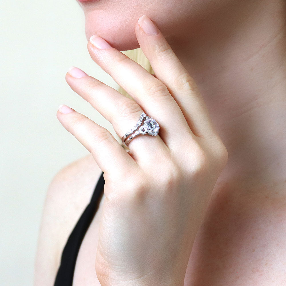 Halo Art Deco Chevron V Shaped CZ Ring Set in Sterling Silver