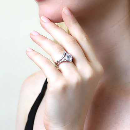 Halo Art Deco Chevron V Shaped CZ Ring Set in Sterling Silver