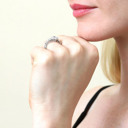 Halo Art Deco Chevron V Shaped CZ Ring Set in Sterling Silver