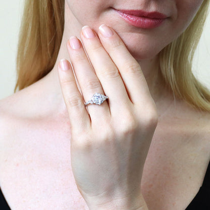 Halo Art Deco Chevron V Shaped CZ Ring Set in Sterling Silver