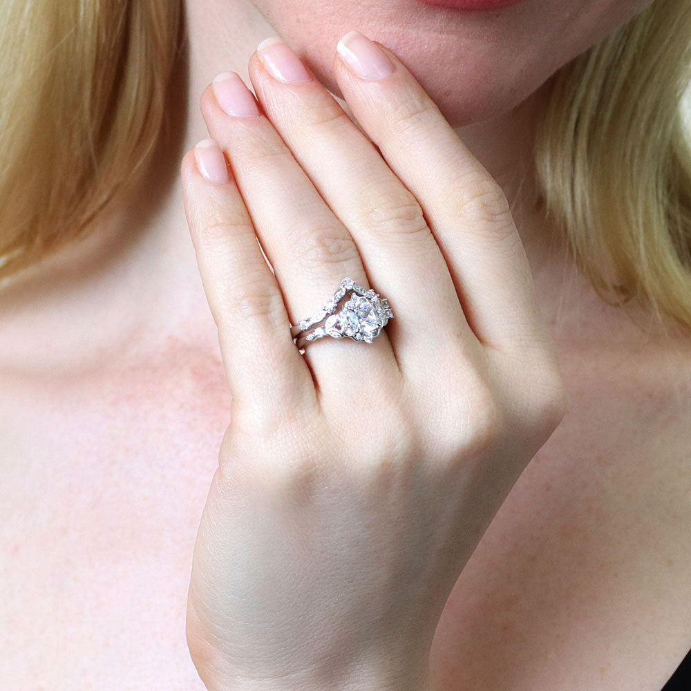 Model wearing Halo Art Deco Chevron V Shaped CZ Ring Set in Sterling Silver, 3 of 18