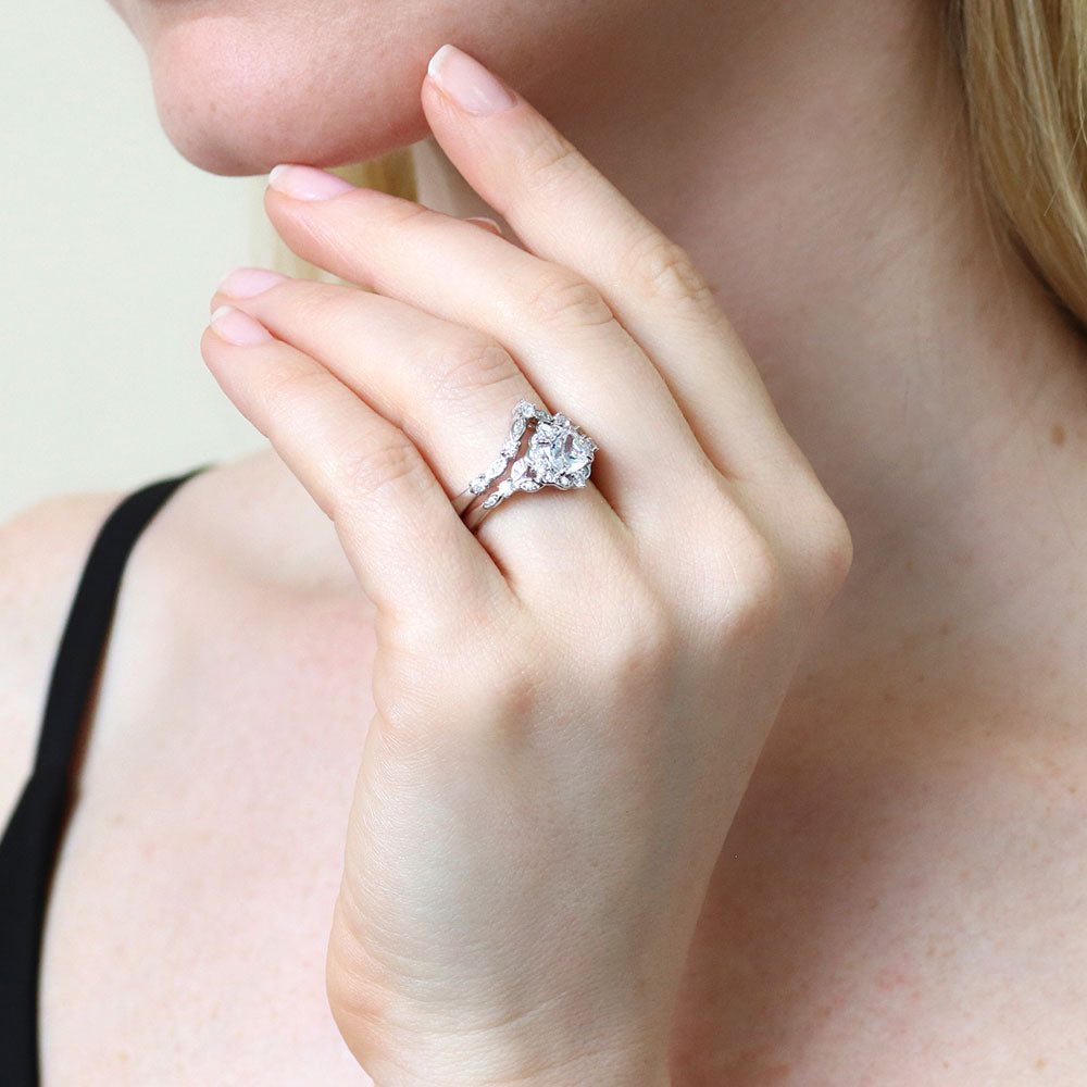 Model wearing Halo Art Deco Chevron V Shaped CZ Ring Set in Sterling Silver, 11 of 18